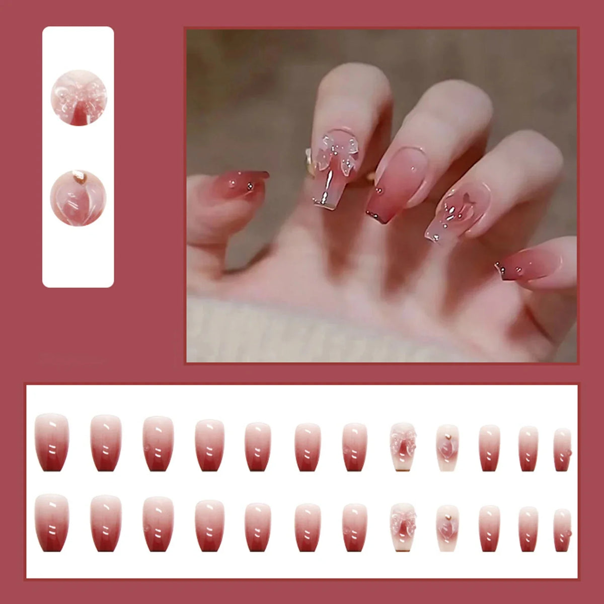 24pcs Chromic Heart Peach Bowknot 3D False Nails Gradient Pink Color Changing Press On Nails Sweet Pink for Women Girls Blushimmer