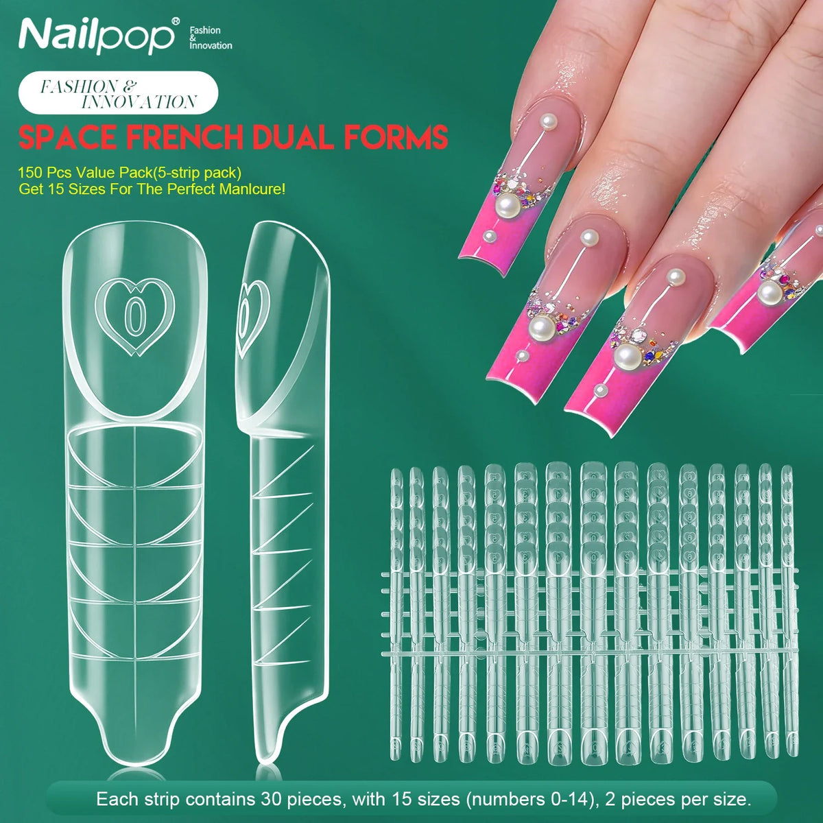 Nailpop Space French Dual Forms 15 Sizes 60/150PCS Transparen Reusable Nail Extension Gel French Tip Manicure Tool DIY Art Salon Blushimmer
