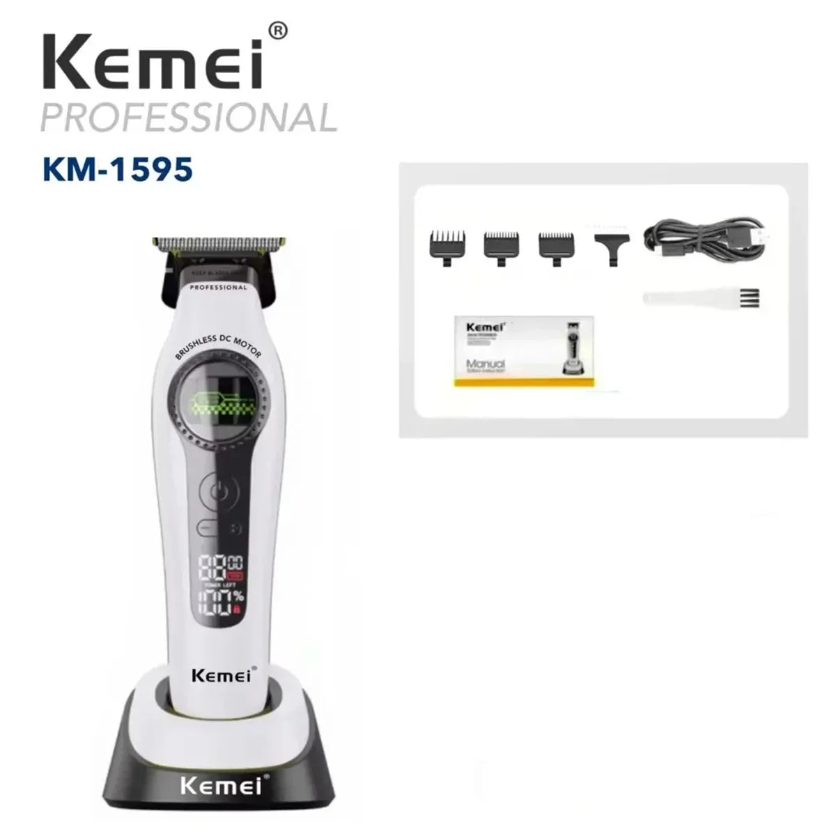 Kemei 1593 Barber Professional Hair Clipper Rechargeable Trimmer Electric Hair Cutting Machine External Rotor Brushless Motor Noventix