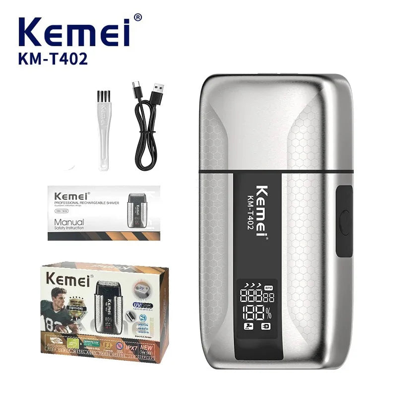 Kemei T402 UV-Disinfecting Metal Double-Foil Shavers Professional Barber Reciprocating Razor for Men Bald Head Shaving Machine Noventix