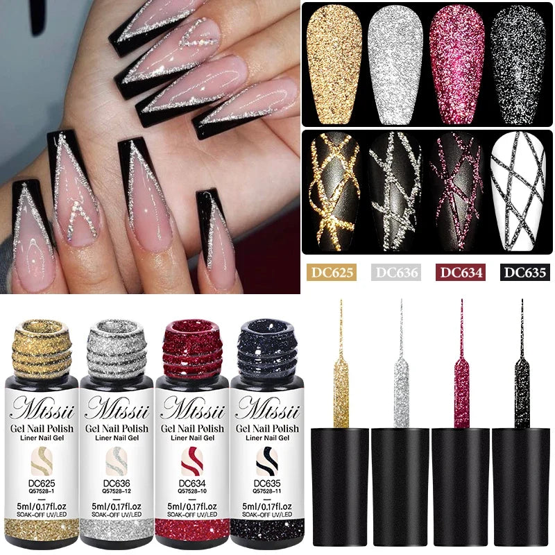2/4/6pcs Reflective Glitter Liner Gel Nail Polish Set Pull Line Graffiti Painting Stripe DIY French Nails Design Painting Gel Blushimmer