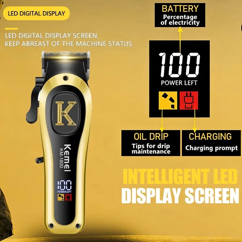 Kemei 1800 Professional Barber Hair Clippers Cordless Electric Hair Trimmers LCD Display Rechargeable Hair Cutting Kit for Men Noventix