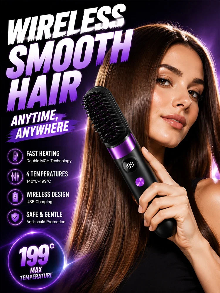 Electric Hair Straightener Brush Rechargeable Ceramic Styling Comb with Temperature Display for Women Daily Care FLIPSTYLEZLLC