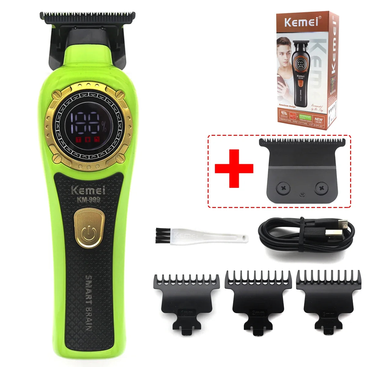 Kemei DLC T-Blade Zero Gapped LED Display Cordless USB Professional Hair Clipper Finishing Machine KM-999 Hair Trimmer for Men Noventix