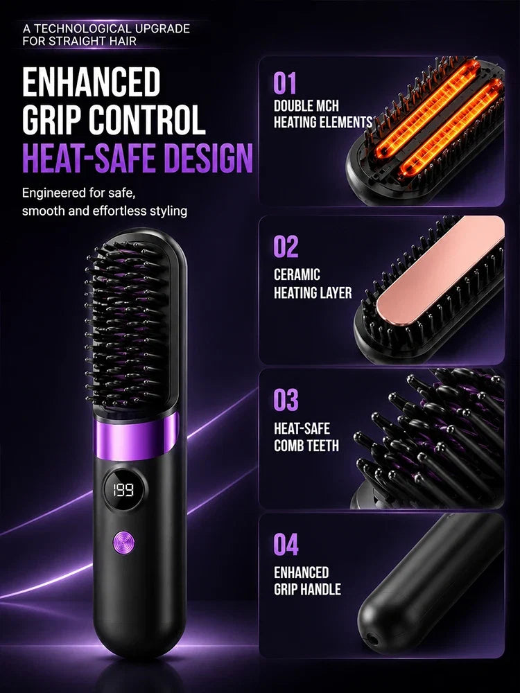 Electric Hair Straightener Brush Rechargeable Ceramic Styling Comb with Temperature Display for Women Daily Care FLIPSTYLEZLLC