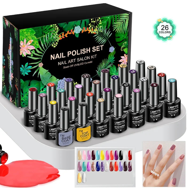 LNWPYH Gel Nail Polish Set Nail Gel Kit 26 Color Semi Permanent UV Led Gel Varnish Soak Off Nail Lacquers Base Coat Top Coat Kit Blushimmer