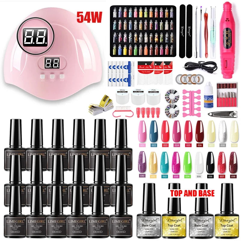 Limegirl Nail Set Nail Gel Tools Kit 54W Nail Lamp 18/12/7 Colors UV Gel Nail Polish Kit Contains Nail Drill Machine Nail Kit Blushimmer