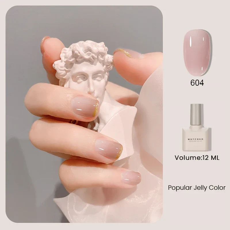 MAYCHAO 12ml Jelly Gel Nail Polish Semi Permanent Top Coat Soak Off UV LED Gel Art Nail Varnish Manicure Long Lasting Nail Gel Blushimmer
