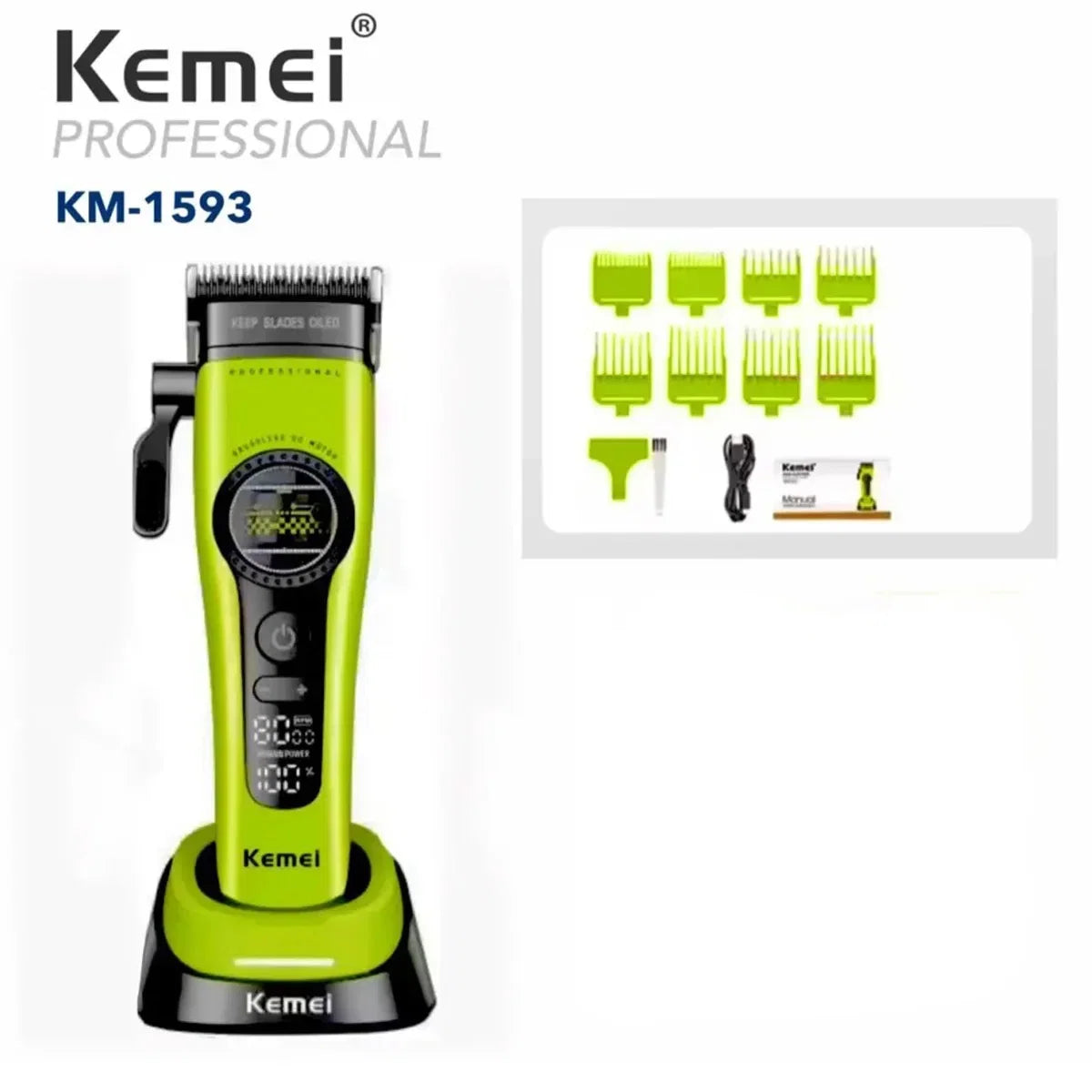 Kemei 1593 Barber Professional Hair Clipper Rechargeable Trimmer Electric Hair Cutting Machine External Rotor Brushless Motor Noventix