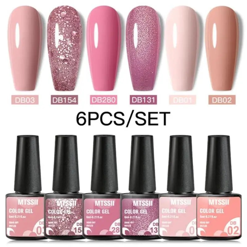 Mtssii 6PCS/Set Pink Glitter Gel Nail Polish Set Sequins Semi Permanent Base Matte Top Coat Soak Off LED UV Nail Art Gel Varnish Blushimmer