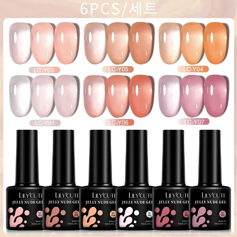 LILYCUTE 6PCS/SET 7ml Jelly Pink Nude Translucent Gel Nail Polish Set Semi Permanent Soak Off Nail Art Manicure Gel Set Blushimmer