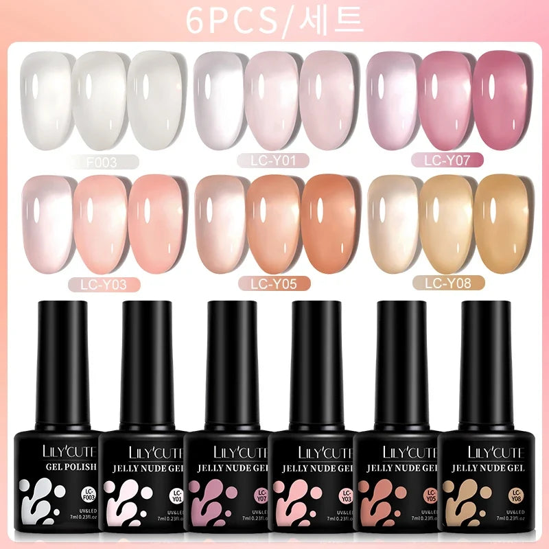 LILYCUTE 6PCS/SET 7ml Jelly Pink Nude Translucent Gel Nail Polish Set Semi Permanent Soak Off Nail Art Manicure Gel Set Blushimmer