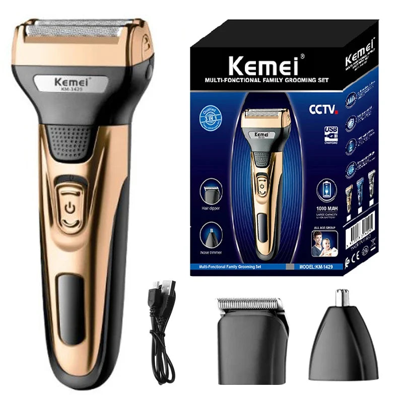Kemei 3in1 Grooming Kit Electric Shaver For Men Beard Hair Trimmer Body Nose Ear Shaving Machine Face Razor Rechargeable Noventix