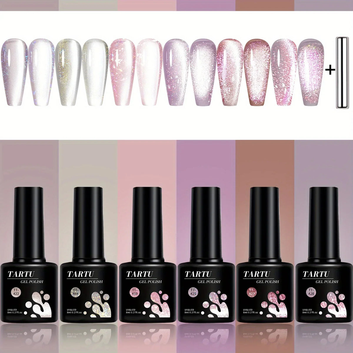 TARTU 6pcs 8ml Cat Eye Gel Nail Polish Set, 6 Colors Gel Polish Kit, Soak Off for Uv/Led, for Salon and Nail Art DIY At Home Blushimmer