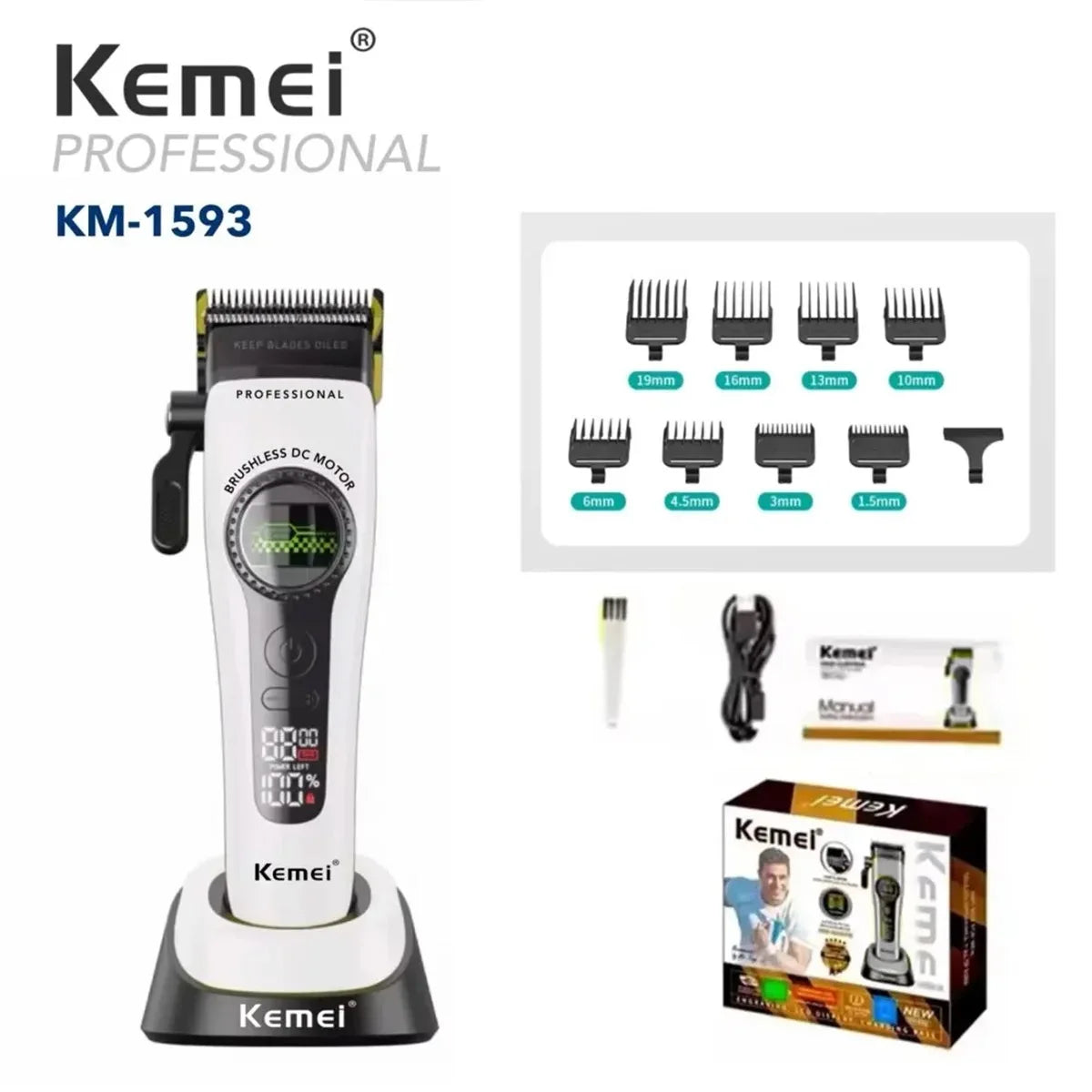 Kemei 1593 Barber Professional Hair Clipper Rechargeable Trimmer Electric Hair Cutting Machine External Rotor Brushless Motor Noventix
