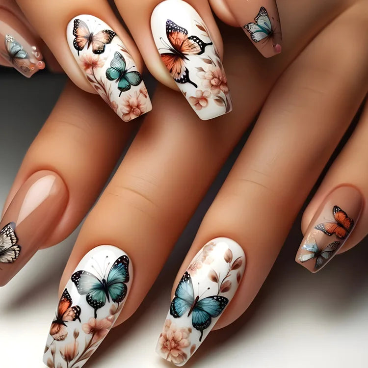 24pcs/set Medium long fake nails for women Spring summer flowers butterfly bee design faux ongles tips press on false nail art Blushimmer