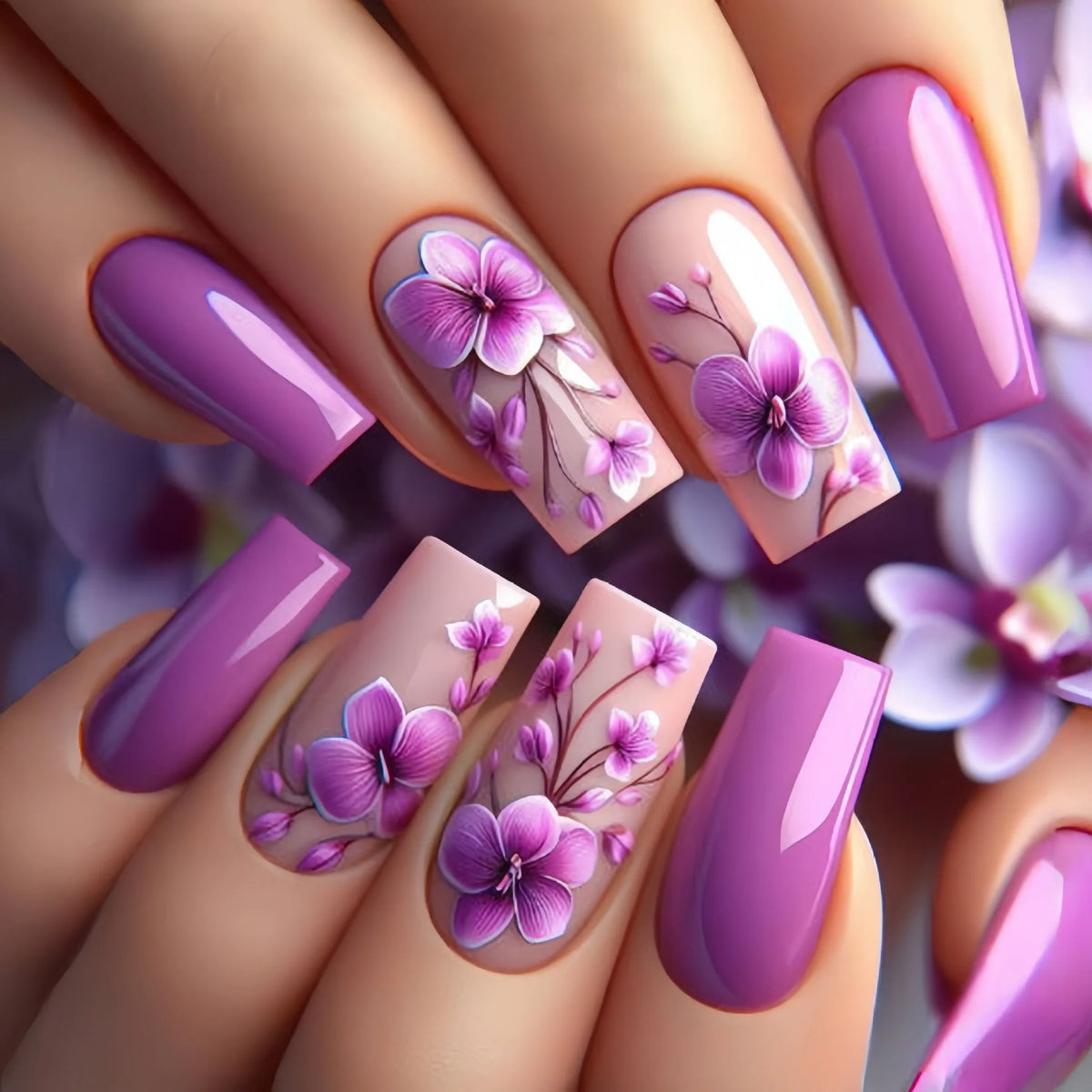 24pcs/set Medium long fake nails for women Spring summer flowers butterfly bee design faux ongles tips press on false nail art Blushimmer