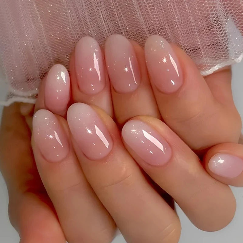 24Pcs Oval Short Pink Press on Nails Simple Ombre Spring False Nail for Sweet Sassy Cool Women&Girl Removable Wearable Nail Art Blushimmer