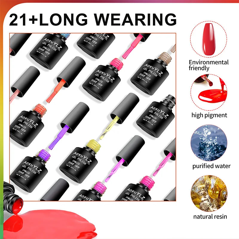 28Pcs/Set Gel Nail Polish Set Glass bottle Soak Off UV Gel Varnish Red Pink Colorful Gel Polish Matte Top Base Coat Nail Gel Kit Blushimmer