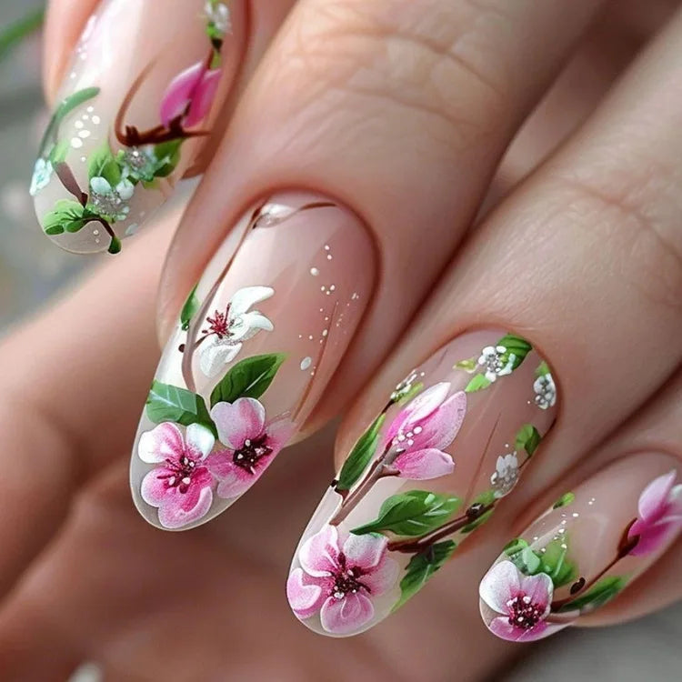 24pcs/set Medium long fake nails for women Spring summer flowers butterfly bee design faux ongles tips press on false nail art Blushimmer