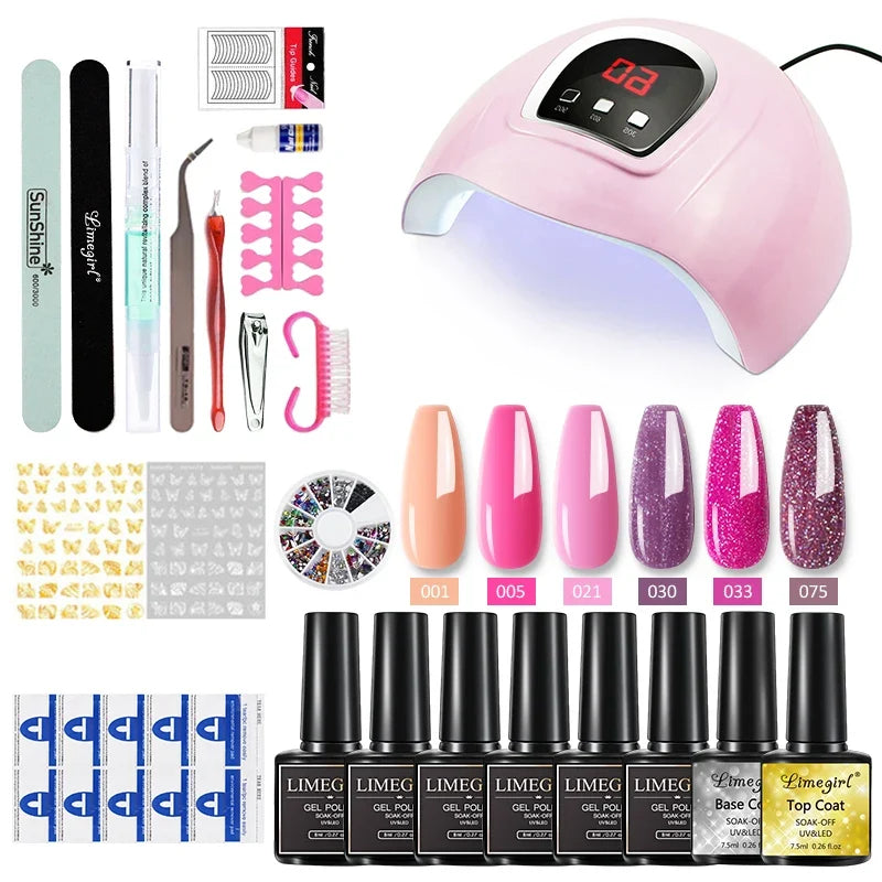 Limegirl Nail Set Nail Gel Tools Kit 54W Nail Lamp 18/12/7 Colors UV Gel Nail Polish Kit Contains Nail Drill Machine Nail Kit Blushimmer
