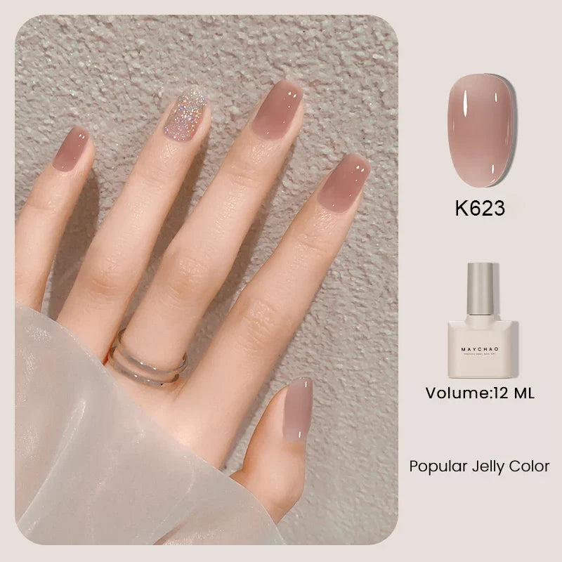 MAYCHAO 12ml Jelly Gel Nail Polish Semi Permanent Top Coat Soak Off UV LED Gel Art Nail Varnish Manicure Long Lasting Nail Gel Blushimmer