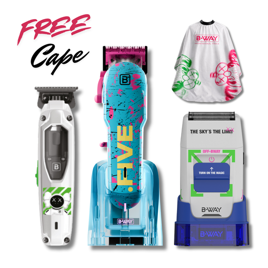B-Way NEW Five Shorty Clipper, T-Pro Trimmer & OFF Shaver – Professional 3-in-1 Barber Set with Free Barber Cape RT-Way USA