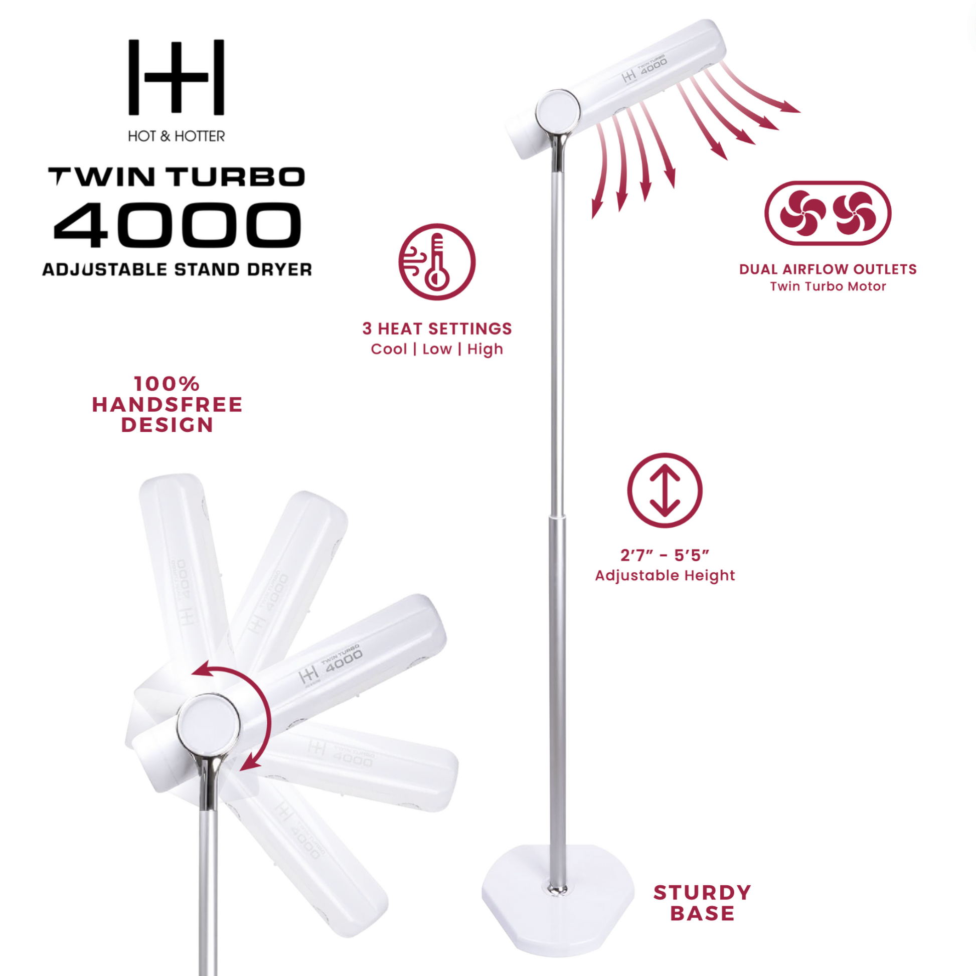 Hot & Hotter Twin Turbo 4000 Adjustable Handsfree Stand Dryer, 1 Count, White Annie International, Inc.