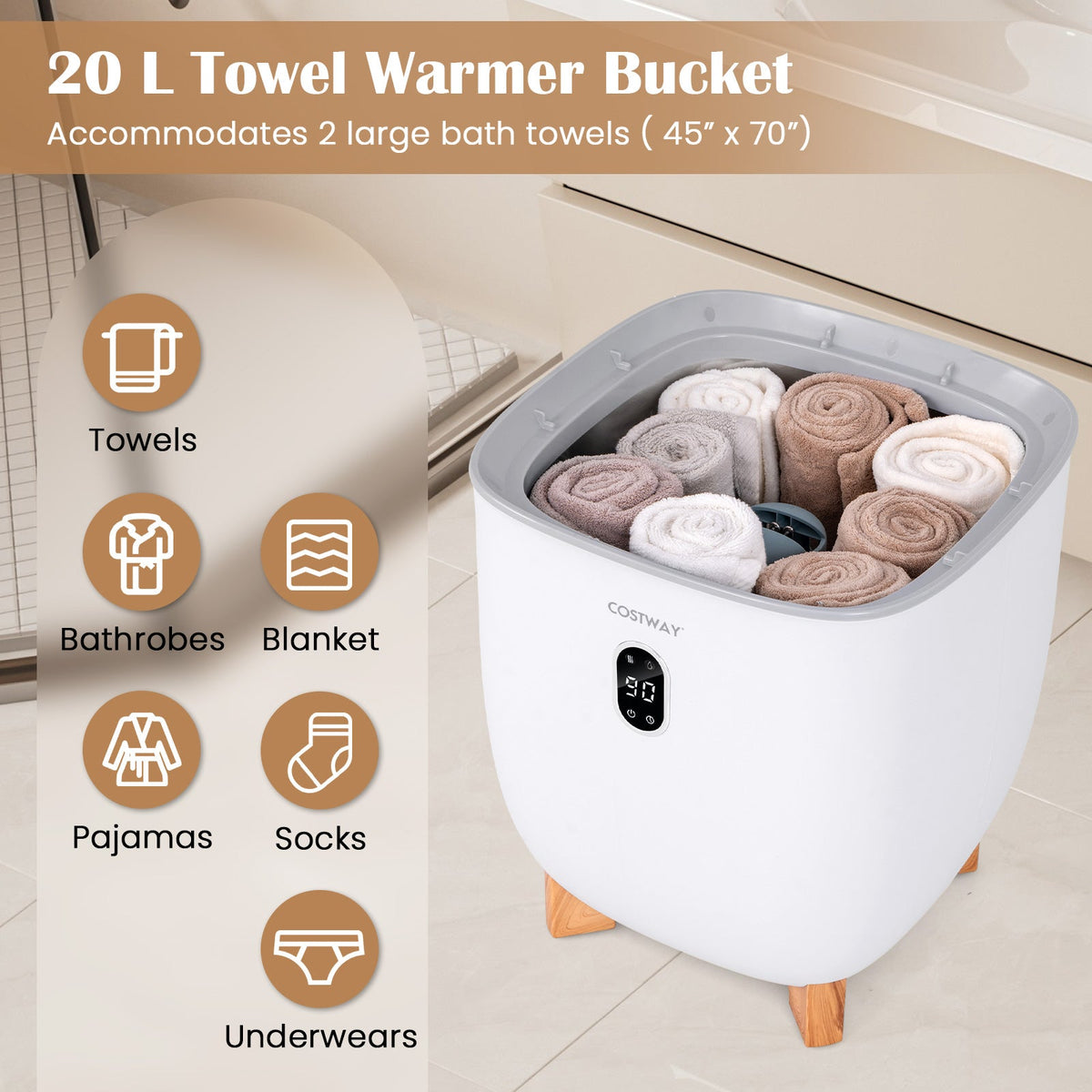 20L Towel Warmer Bucket with PTC Air Heater for Rapid and Even Heating-White DirectDeals