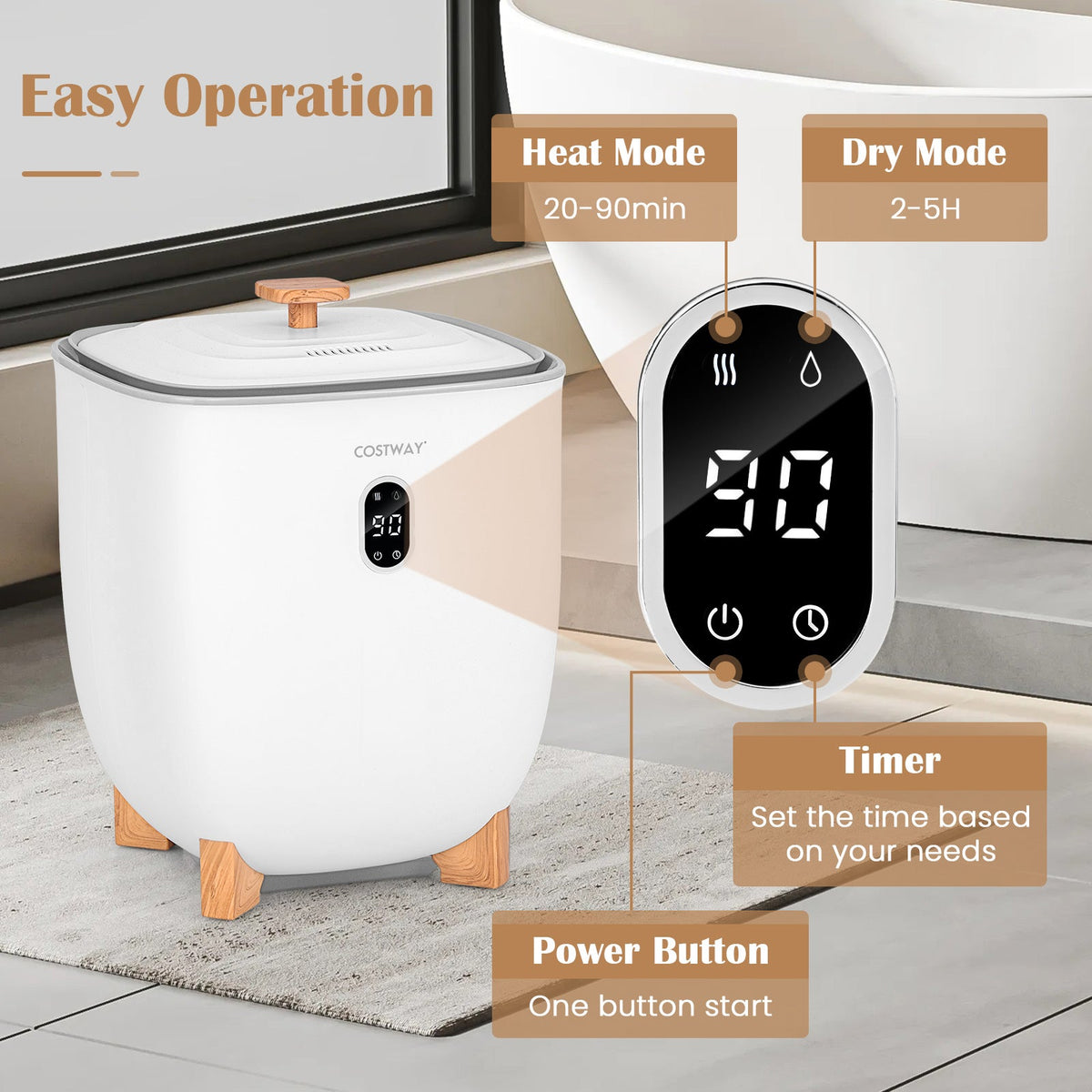20L Towel Warmer Bucket with PTC Air Heater for Rapid and Even Heating-White DirectDeals
