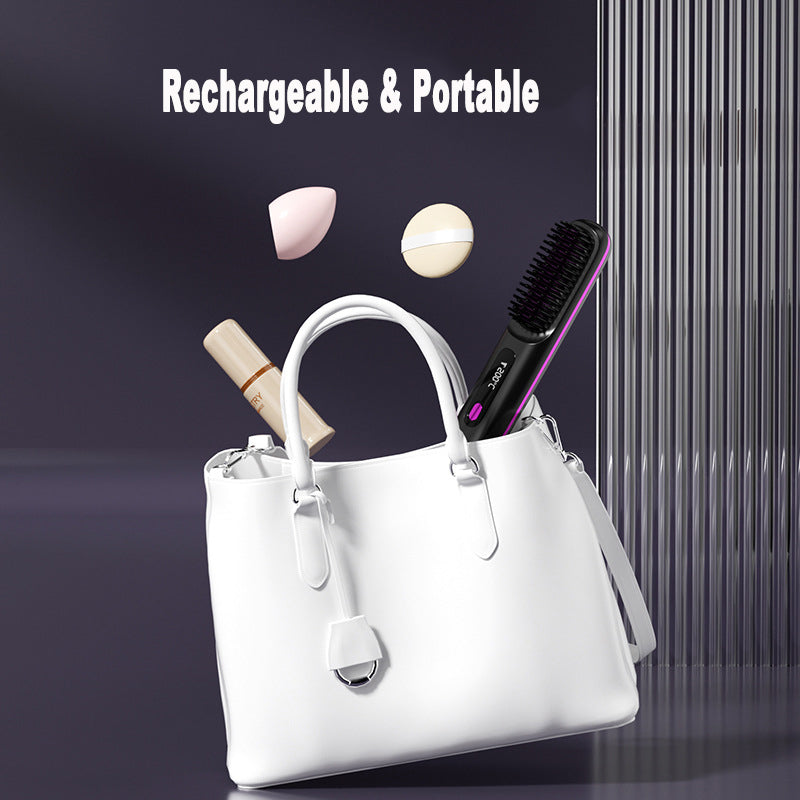 2 In 1 Straight Hair Comb Wireless Hair Straightener Brush Hair Fast Heating Portable Hot Curler USB Charging Elyvora LLC