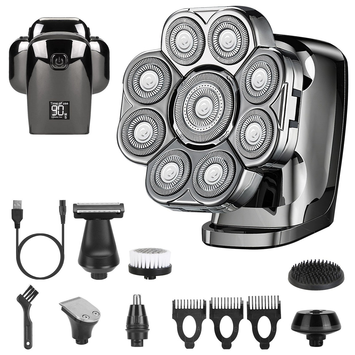6 In 1 9D Electric Head Shaver for Men Cordless Rechargeable Wet Dry Razor with LED Display Travel Lock Stall Protection Cleaning Reminder GBruno Store