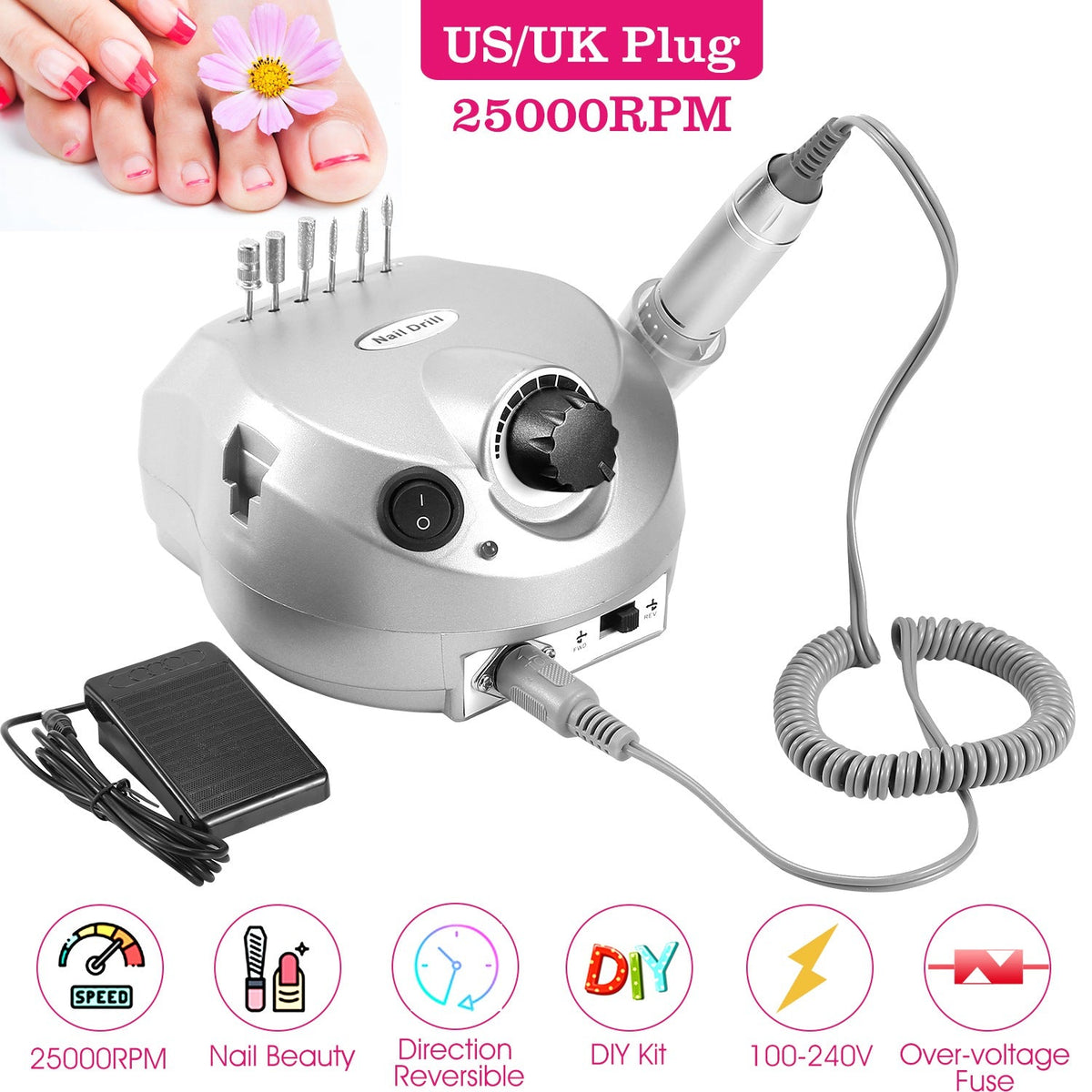 Acrylic Nail Drill Machine 25000RPM Electric Handpiece Glazing w/6 Bits Cuticle Grinder Manicure Pedicure Polishing File Kit for Nail Art Gamba Beauty