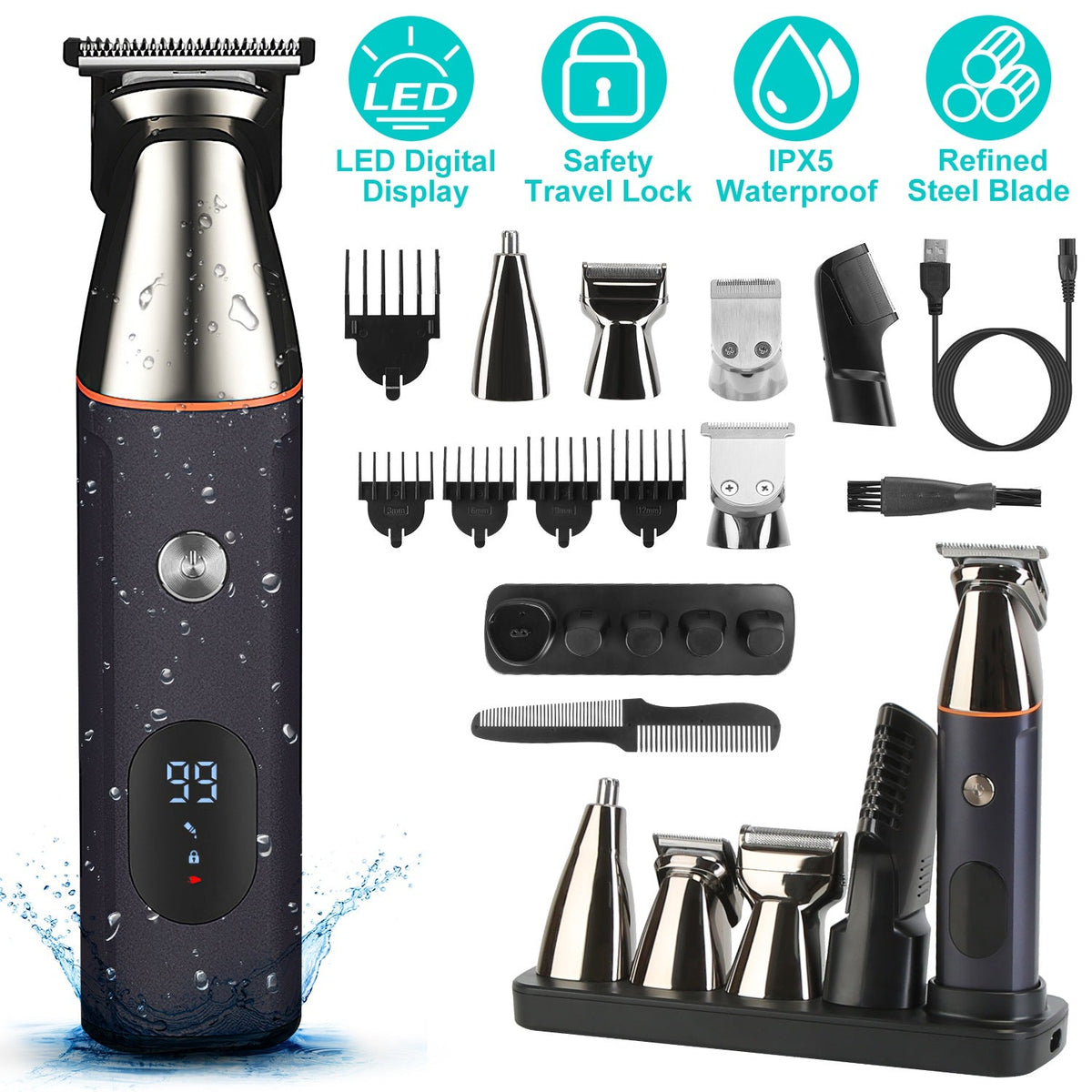 All In One Beard Trimmer for Men With 5 Trimmer Heads IPX5 Waterproof Electric Razor For Face Nose Body Beard Cordless Hair Shaver Clipper Grooming Ki Gamba Beauty