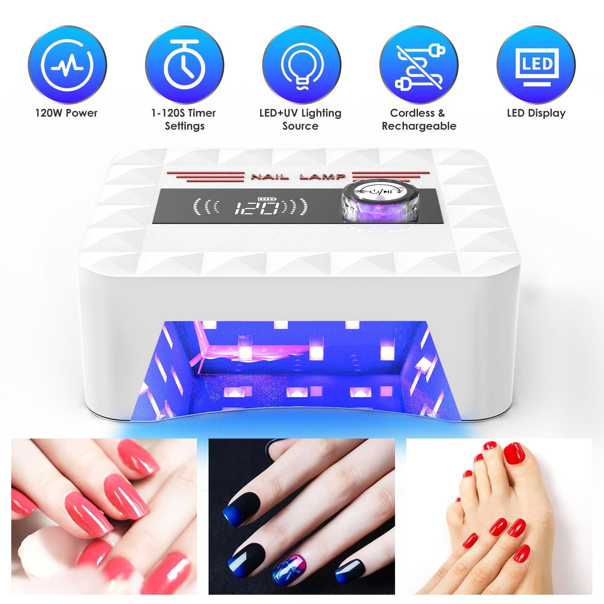 120W Cordless UV Nail Lamp Rechargeable Gel Curing Lamp Gel Polish Light Nail Dryer with LED Display 1-120S Timer Settings 30 LED Beads for Salon and Gamba Beauty