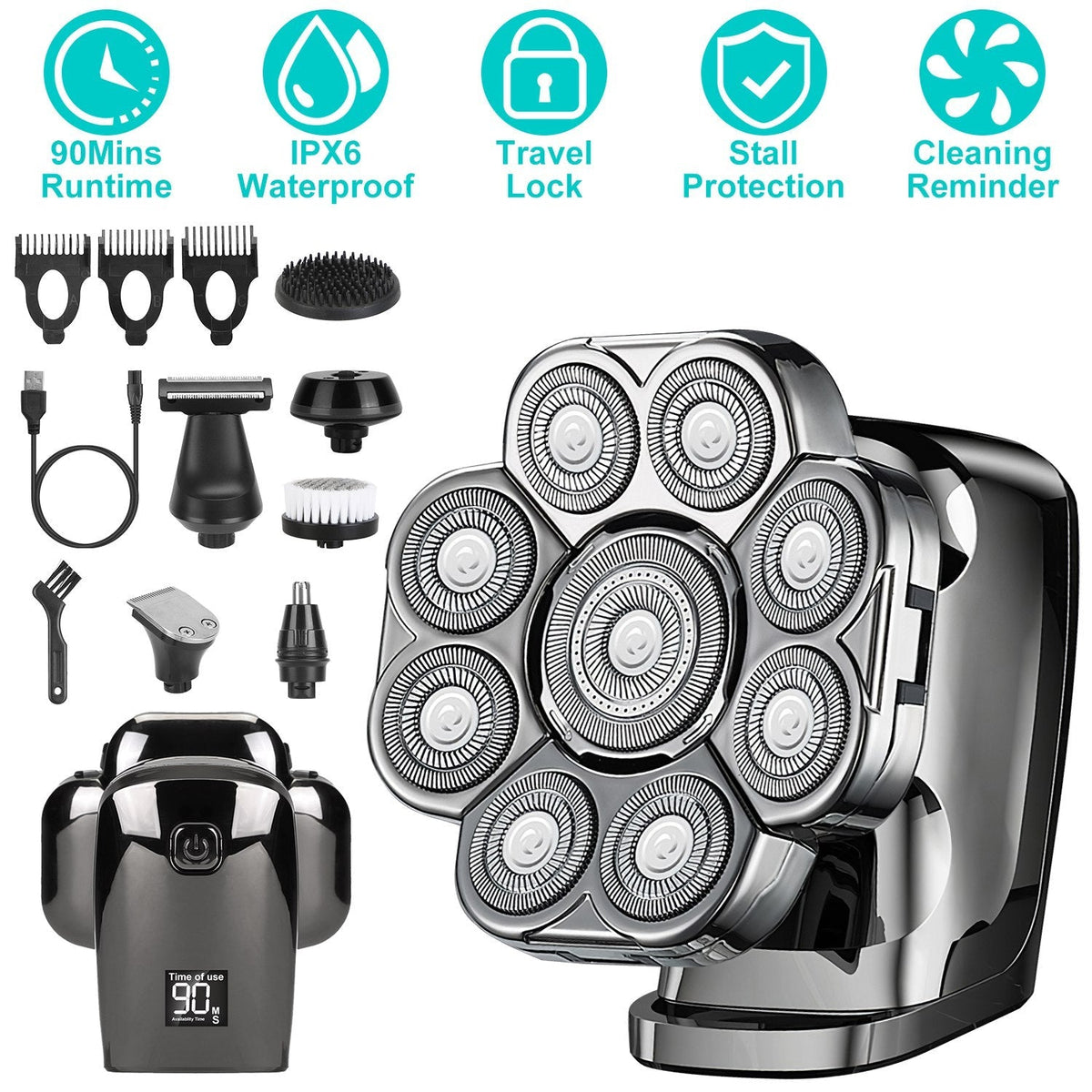 6 In 1 9D Electric Head Shaver for Men Cordless Rechargeable Wet Dry Razor with LED Display Travel Lock Stall Protection Cleaning Reminder GBruno Store