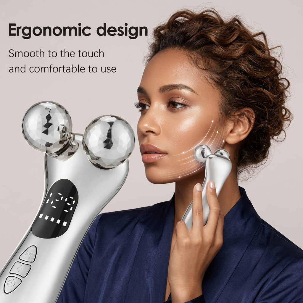 Silver Ergonomic EMS Microcurrent Facial Roller | Intelligent Pulse Face Slimming & Sculpting Device for Skin Tightening FLIPSTYLEZLLC