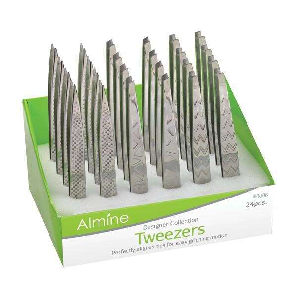 Almine Etched Mirror Polished Slant Tip Tweezers, 24 Count Display Set, Silver Annie International, Inc.