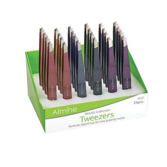 Almine Matte Metallic Slant Tip Tweezers, 24 Count Display Set, Assorted Color Annie International, Inc.