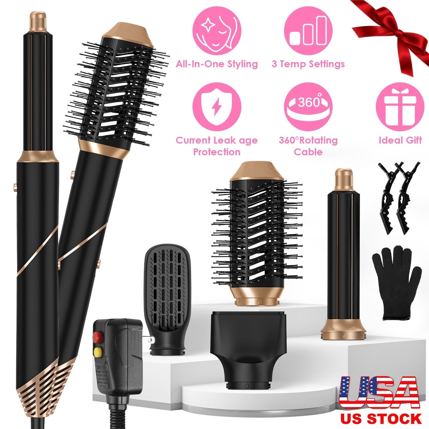 5 In 1 Hot Air Styler Straightener Curler Dryer Automatic Wrap Styler Hair Dryer Brush Set with 3 Temp Settings ALCI Plug Glove Cable Tie 2 Alligator GBruno Store