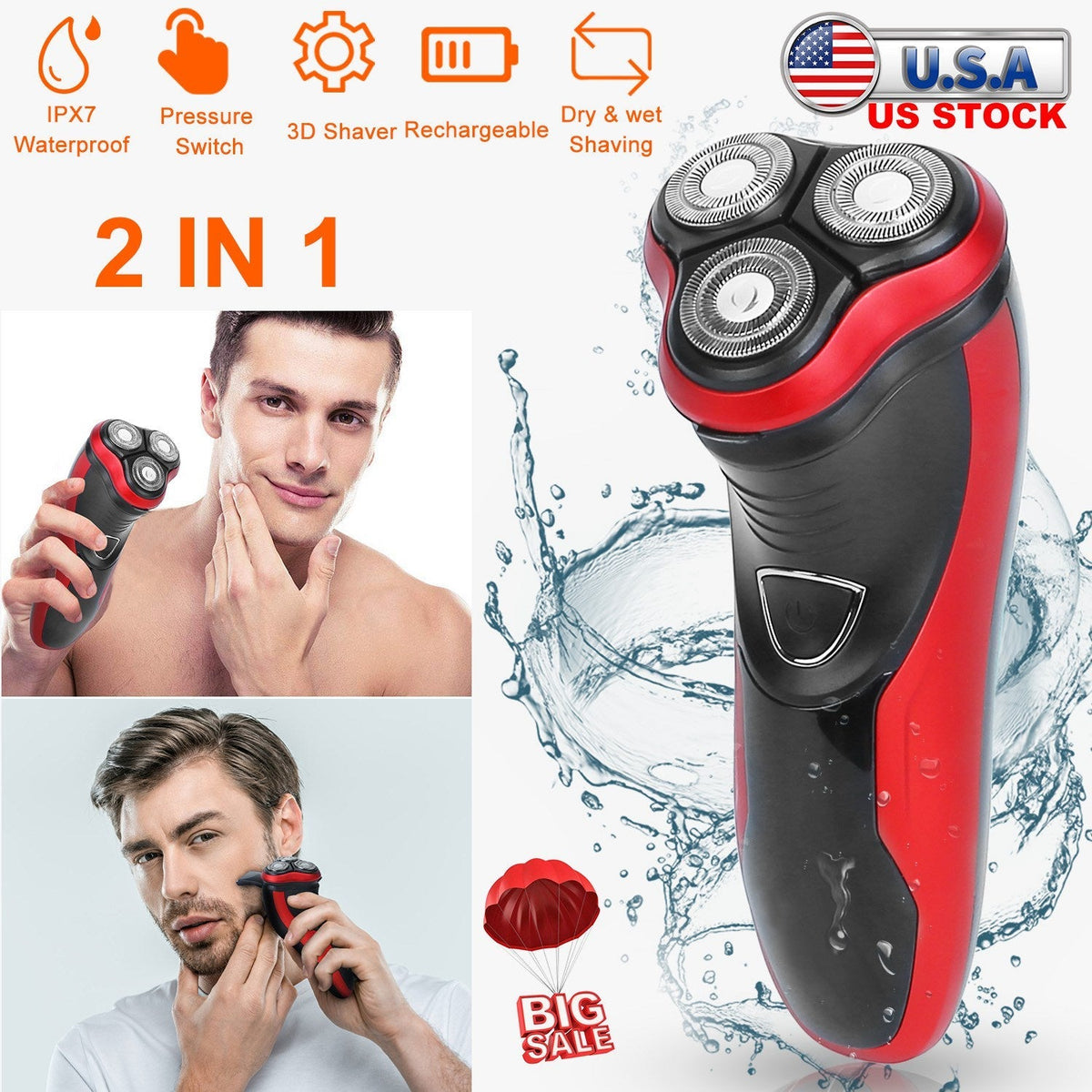 Electric Shaver Razor for Men IPX7 Waterproof Beard Trimmer 3D Rechargeable Painless Rotary Shaver with Pop up Trimmer 2 in 1 Electric Shaver GBruno Store