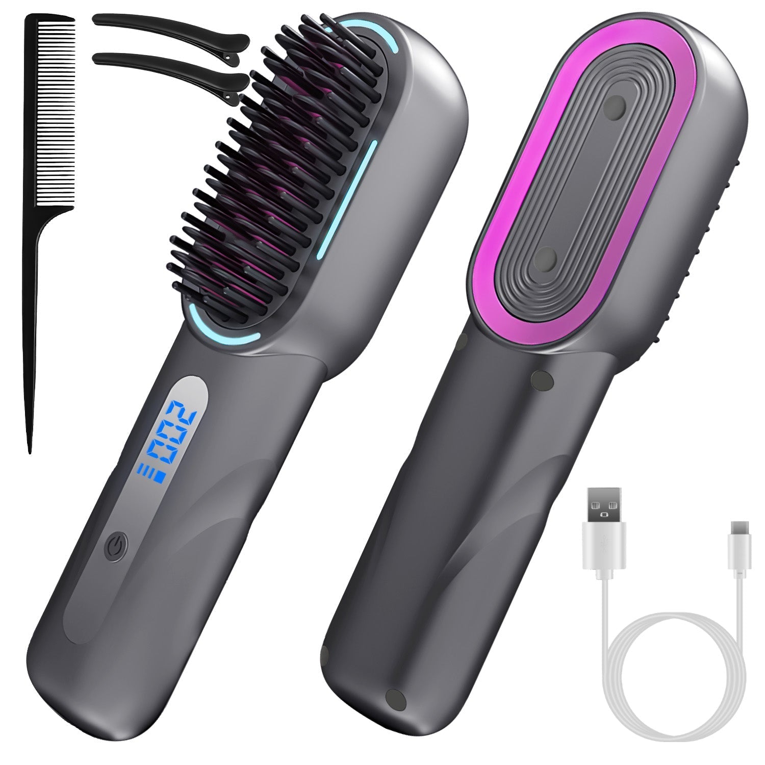 Cordless Hair Straightener Brush Rechargeable Mini Styling Comb with 4 Heating Levels Blue Light Sterilization Single press Stray Hair Removal 20Mins GBruno Store