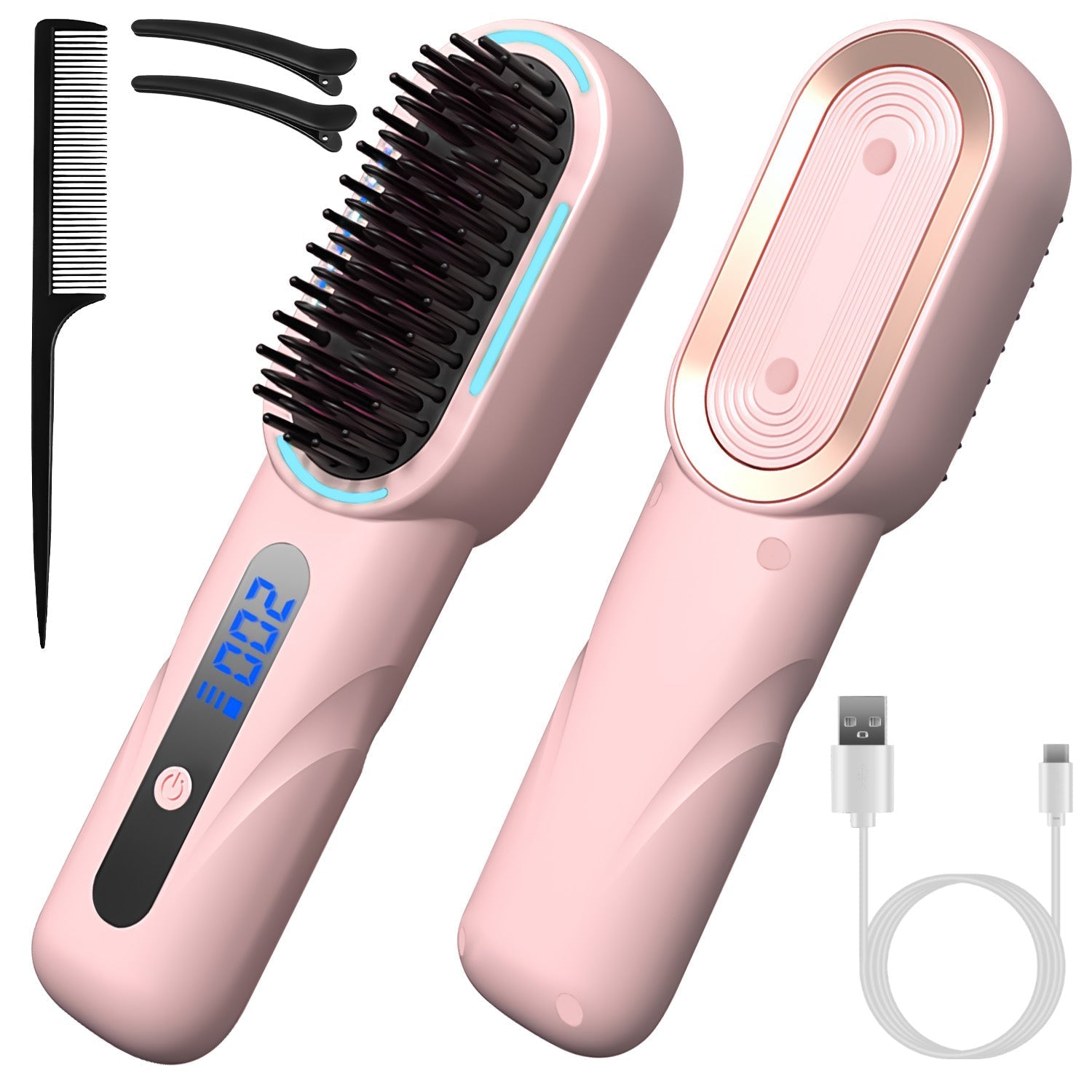 Cordless Hair Straightener Brush Rechargeable Mini Styling Comb with 4 Heating Levels Blue Light Sterilization Single press Stray Hair Removal 20Mins GBruno Store