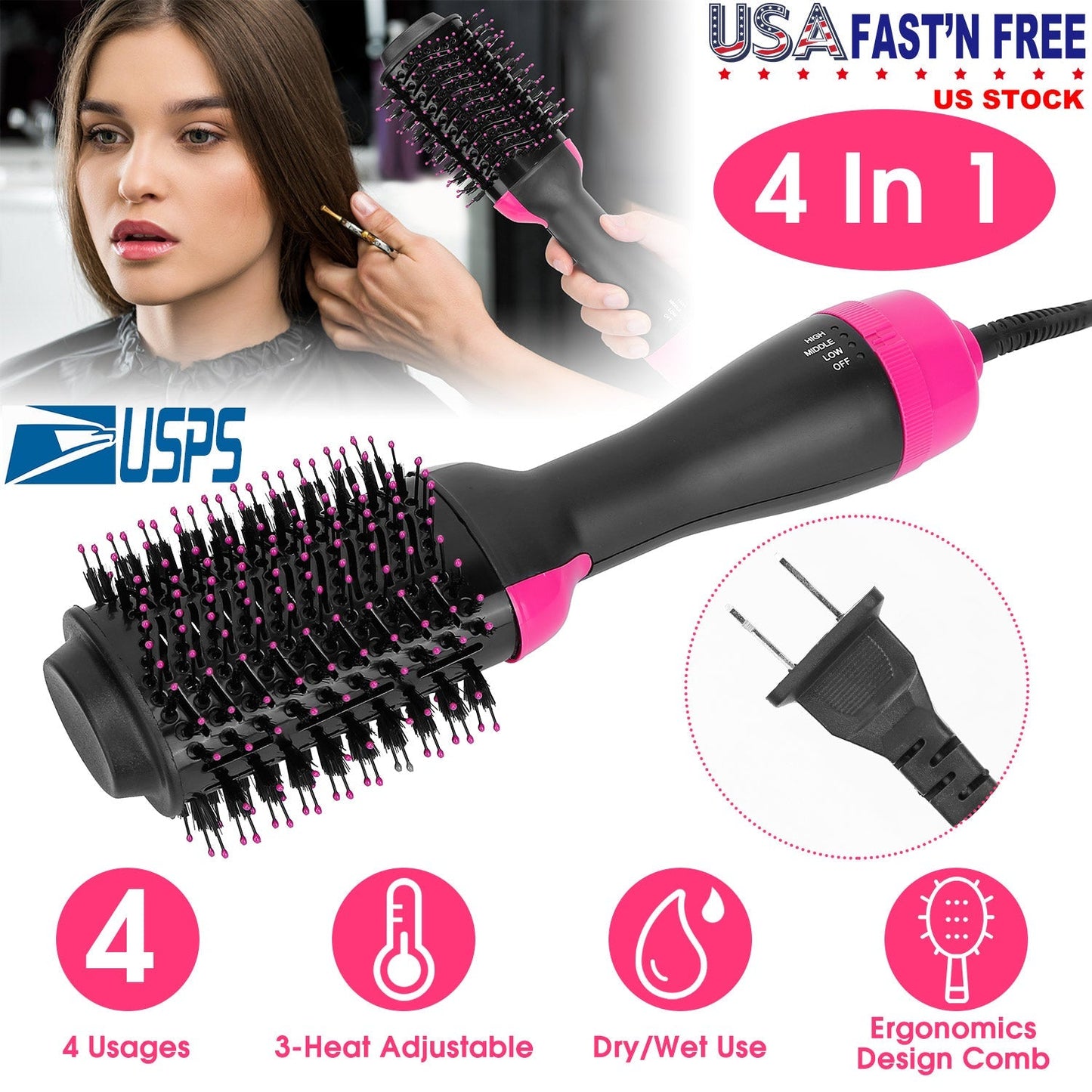 Hot Hair Brush 4 In 1 Hair Dryer Volumizer Brush Dryer Comb For Straightening Curling Drying GBruno Store