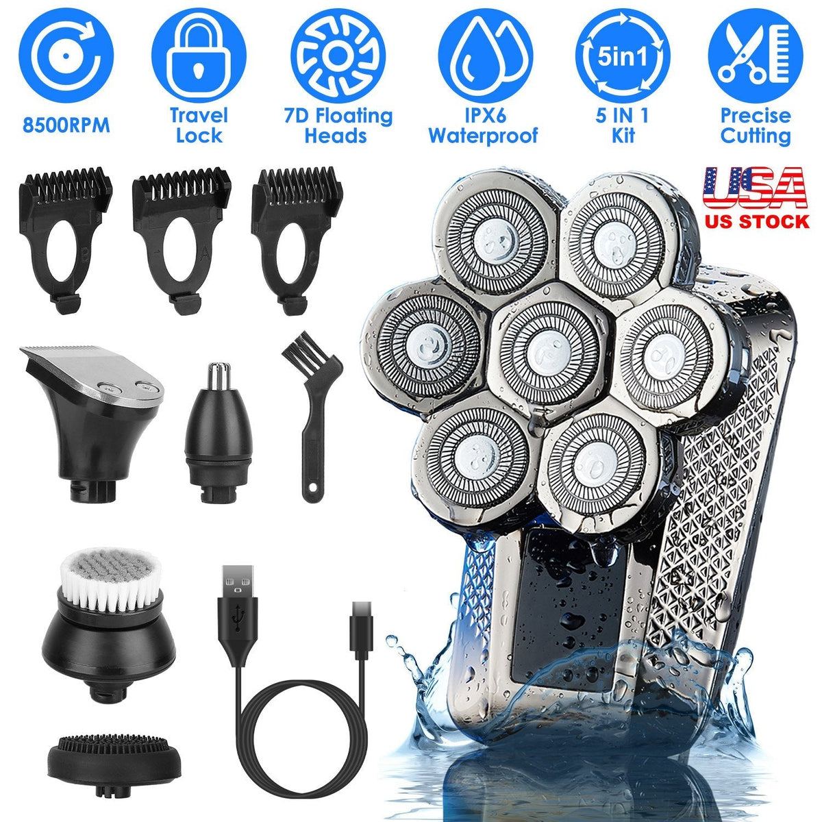 Head Shavers for Bald Men 5 In 1 7D Electric Rotary Razor Rechargeable Cordless Head Beard Trimmer Shaver Kit IPX6 Waterproof Dry Wet Grooming Kit wit GBruno Store