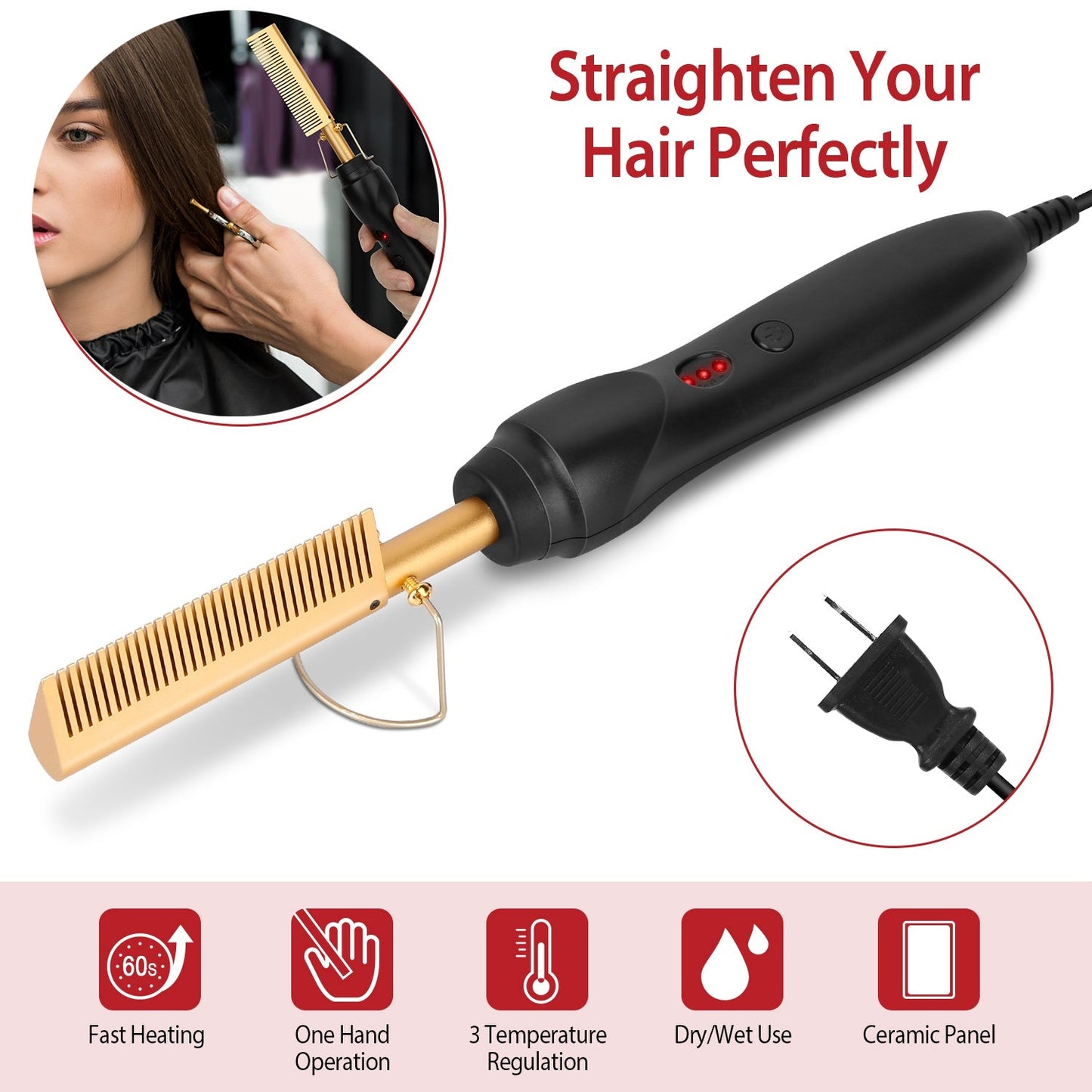 Electric Heating Hair Comb PTC Ceramic Hair Straightener Curler Brush Hair Straight Styler Wet Dry Use w/ 3 Temperature Adjustment GBruno Store