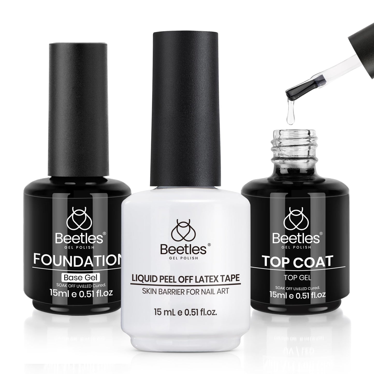 Beetles 2 Pcs 15ml No Wipe Gel Top Coat and Base Coat Set - Shine Finish and Long Lasting, Soak Off LED Nail Lamp Gel Base Top Coat Finish Nail Art Design Manicure Gifts for Women