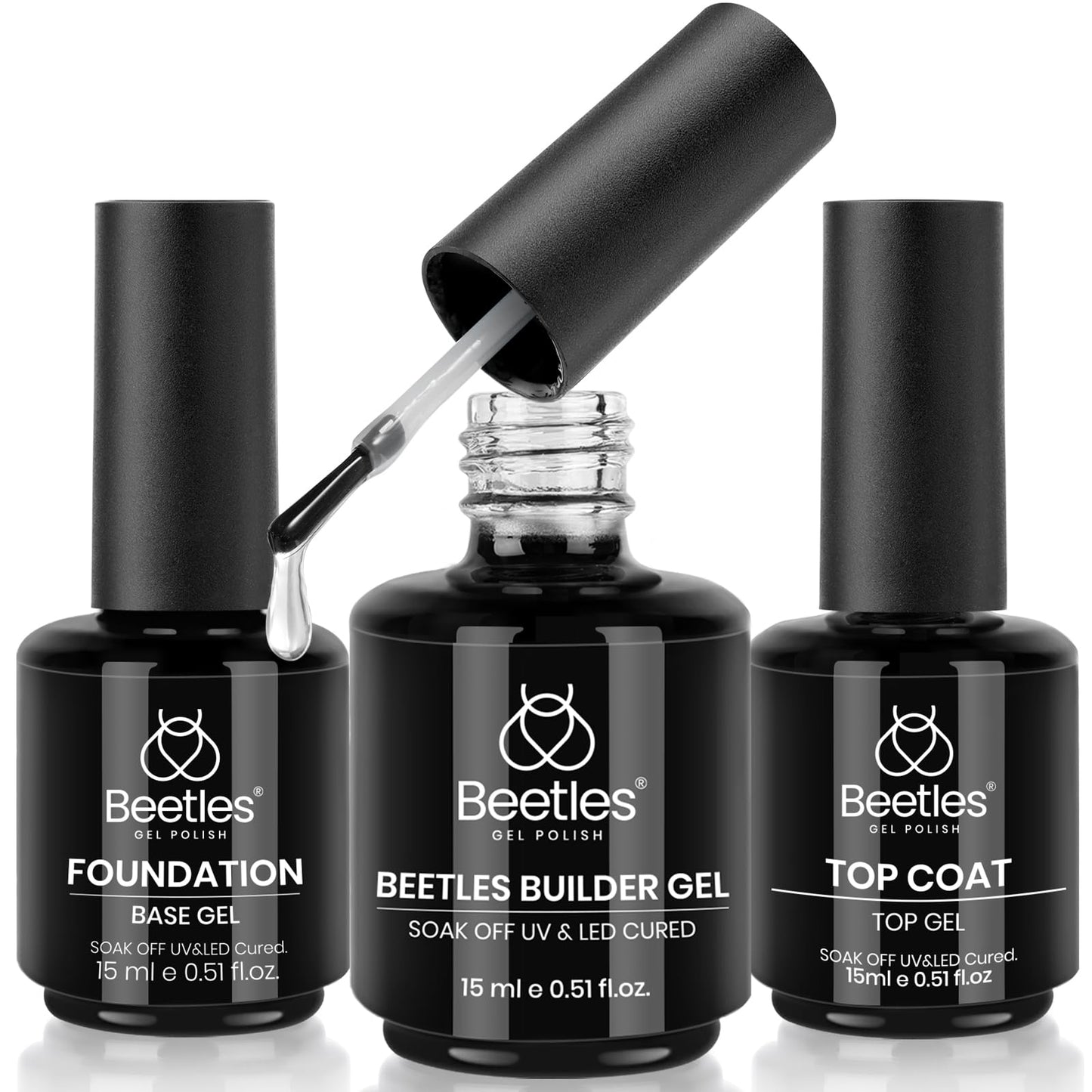 Beetles 2 Pcs 15ml No Wipe Gel Top Coat and Base Coat Set - Shine Finish and Long Lasting, Soak Off LED Nail Lamp Gel Base Top Coat Finish Nail Art Design Manicure Gifts for Women
