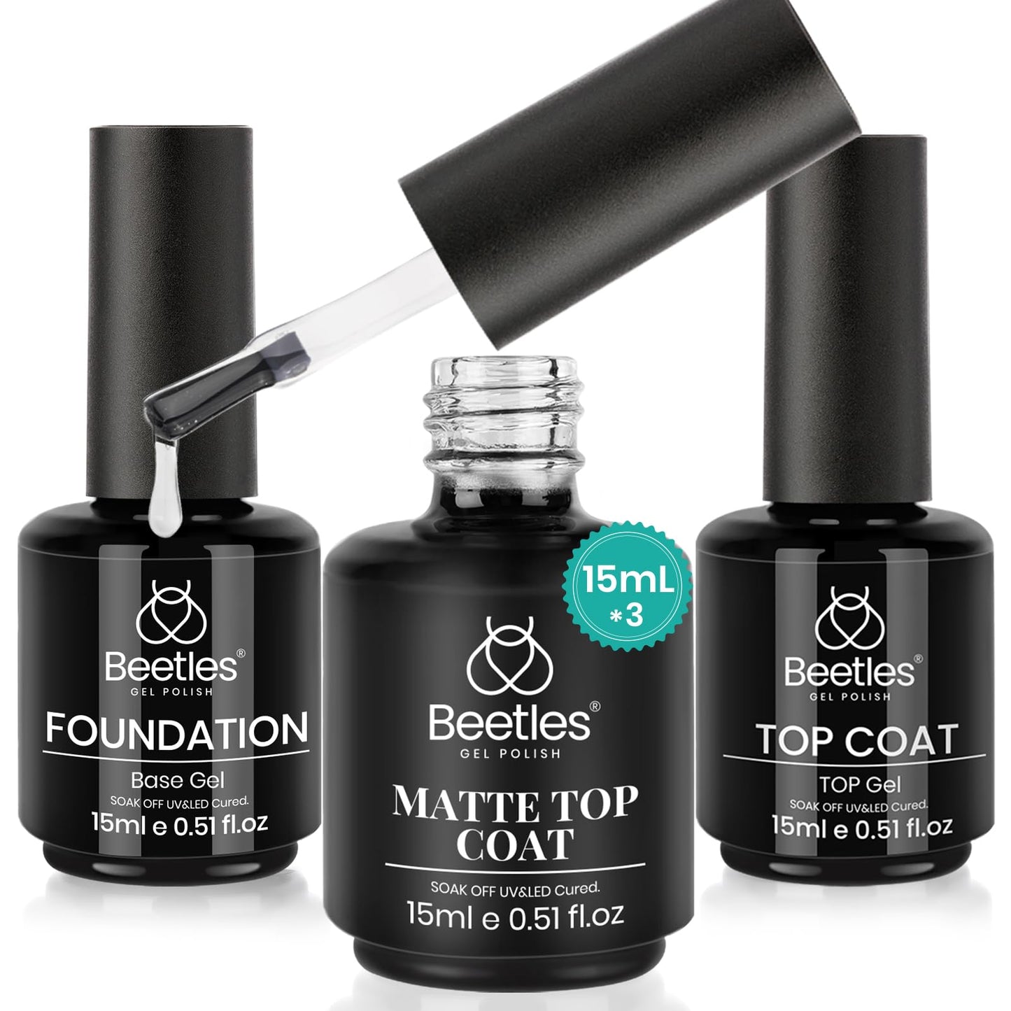 Beetles 2 Pcs 15ml No Wipe Gel Top Coat and Base Coat Set - Shine Finish and Long Lasting, Soak Off LED Nail Lamp Gel Base Top Coat Finish Nail Art Design Manicure Gifts for Women