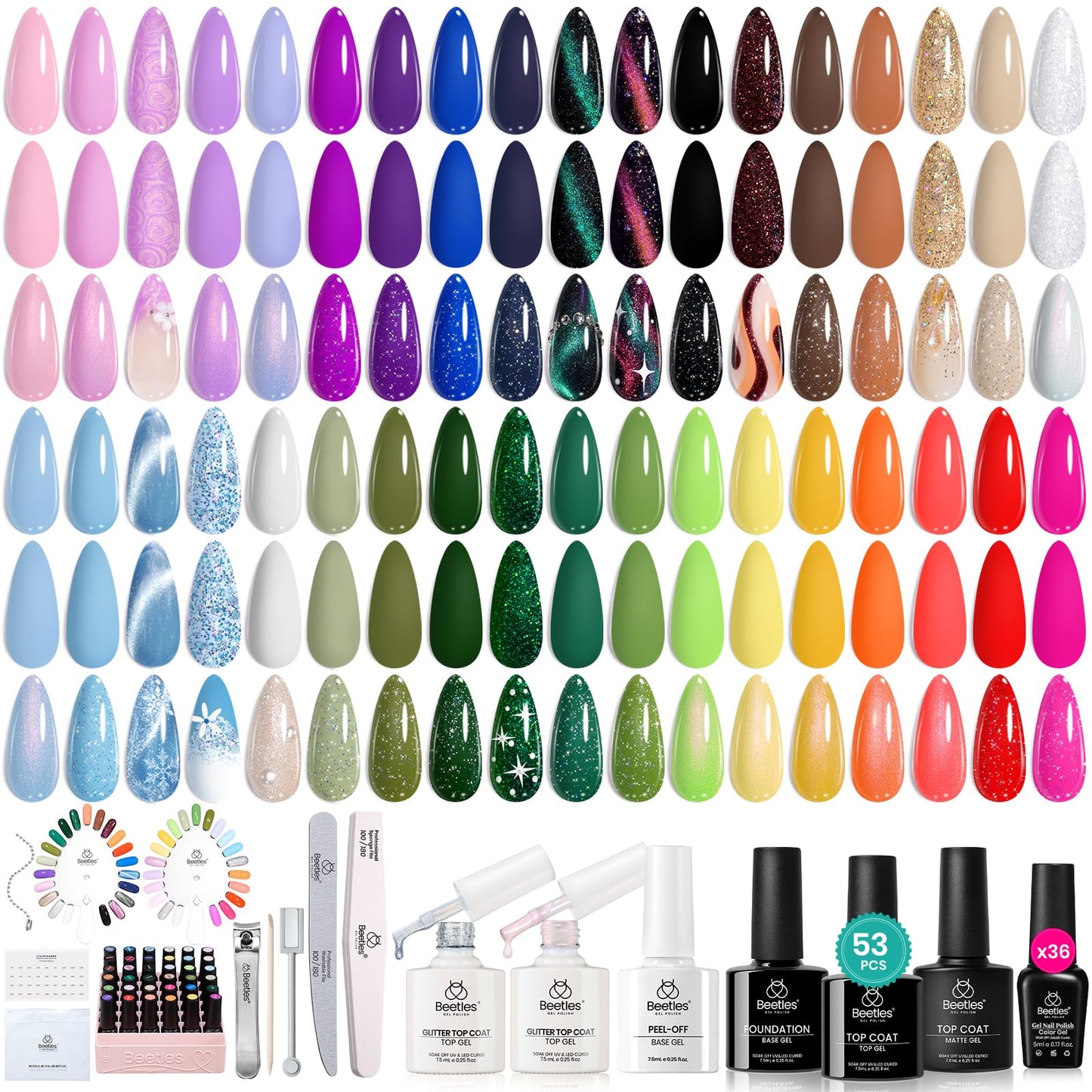 beetles Gel Polish Set Fall Gel Nail Polish Kit 36 Pcs 32 Colors with Base Top Coat Burgundy Red Blue Purple Hot Pink Green Black White Uv LED Lamp Nails Gifts for Women Fingertip Palette